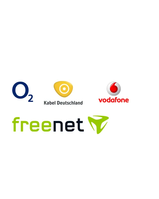 Logos von O2, Kabel-Deutschland, Vodafone und Freenet als Gruppe auf weißem Hintergrund.